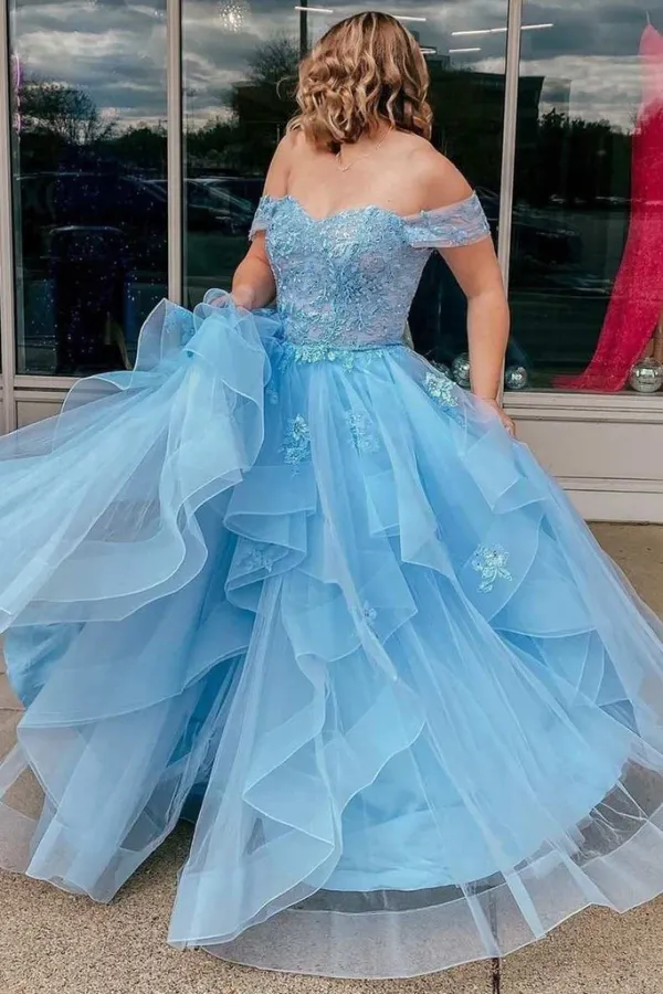 Light Blue Tulle Off-The-Shoulder Tiered A Line Prom Evening Dress APP0752