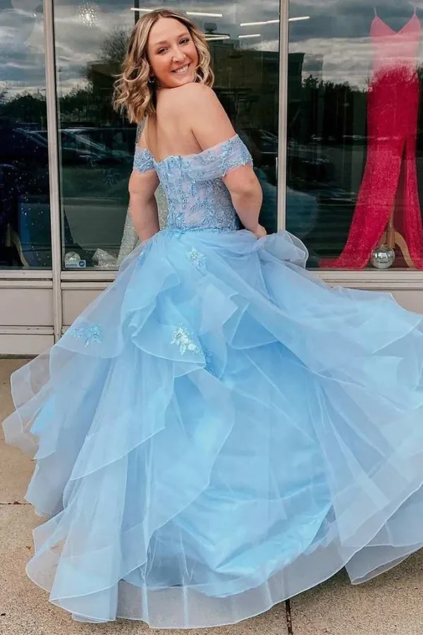Light Blue Tulle Off-The-Shoulder Tiered A Line Prom Evening Dress APP0752