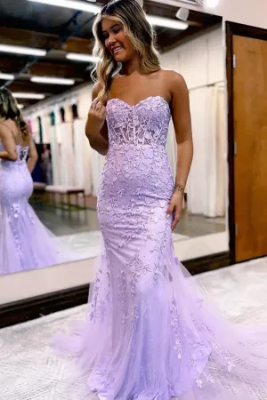 Light Purple Mermaid Sweetheart Neck Lace Long Prom Dress, Party Dress APP1100