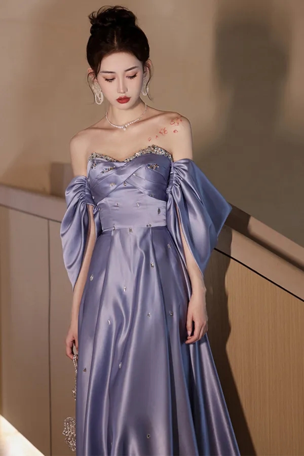 Light Purple Satin Beaded Off Shoulder Prom Dress, Light Purple Evening Dress APP0872