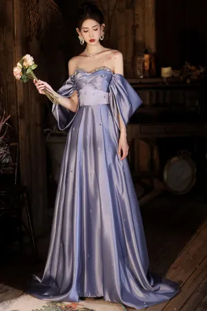 Light Purple Satin Beaded Off Shoulder Prom Dress, Light Purple Evening Dress APP0872