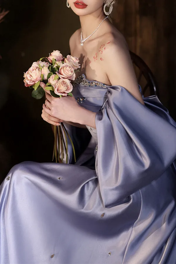 Light Purple Satin Beaded Off Shoulder Prom Dress, Light Purple Evening Dress APP0872