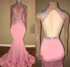 Long Sleeves Prom Dresses Candy Pink Lace Open Back Mermaid Evening Dresses  for Women