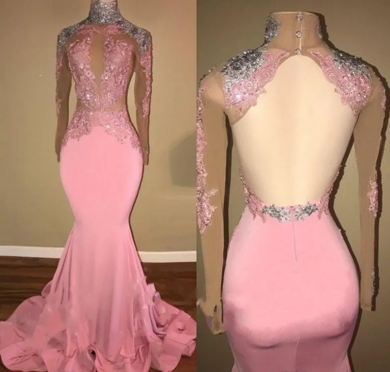 Long Sleeves Prom Dresses Candy Pink Lace Open Back Mermaid Evening Dresses  for Women