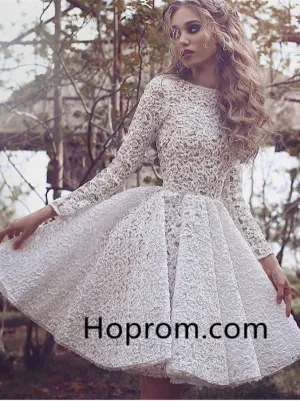 Long Sleeves Scoop Neck Homecoming Dress, White Lace Short Prom Dress
