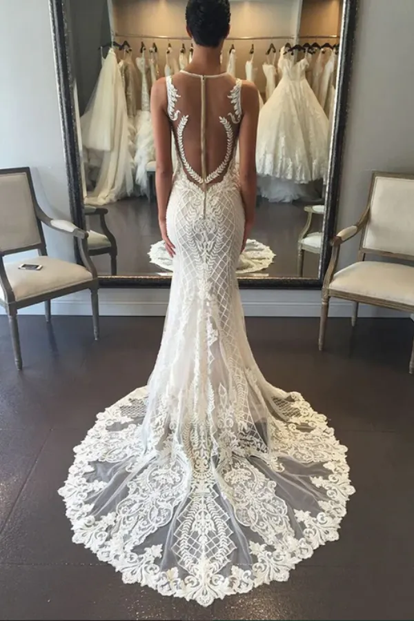 Luxurious Ivory Lace Open Back Mermaid V Neck Beach Wedding Dress APW0412