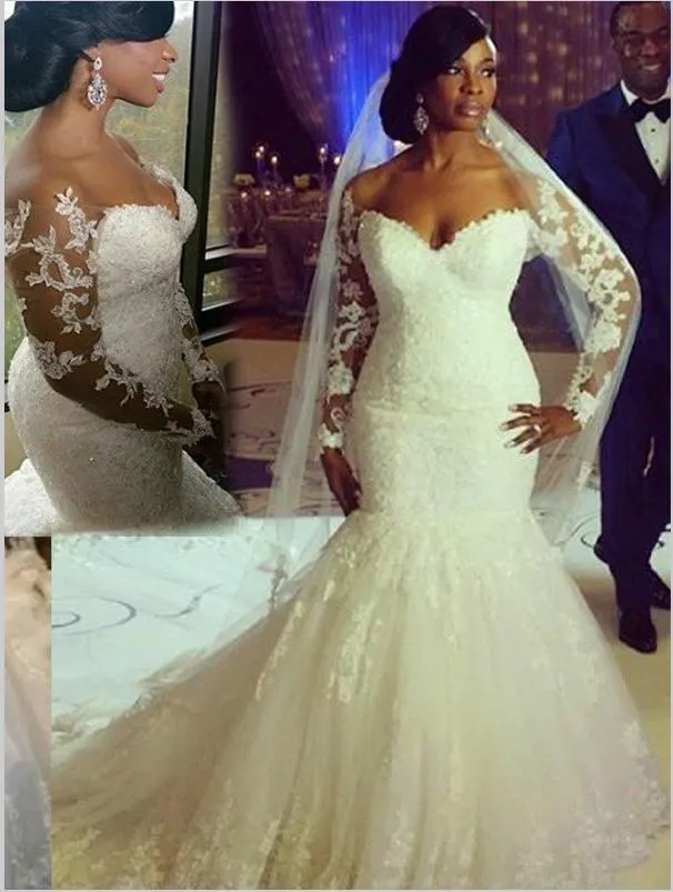 Mermaid Applique Tulle Wedding Dresses,Long Sleeves Sweetheart Train Wedding Dresses