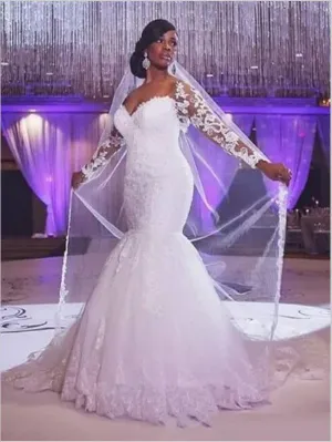 Mermaid Applique Tulle Wedding Dresses,Long Sleeves Sweetheart Train Wedding Dresses