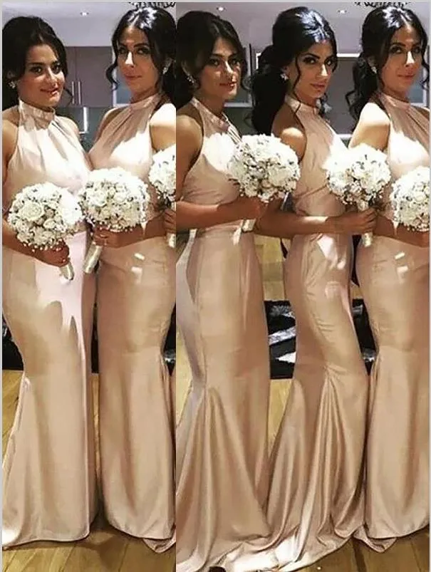 Mermaid Halter Sleeveless Satin Bridesmaid Dresses Floor Length