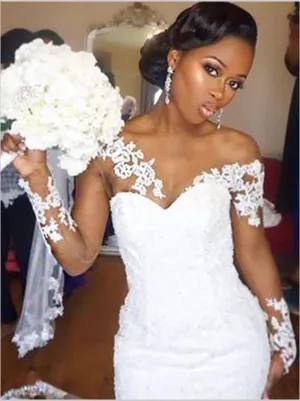 Mermaid Lace Applique Long Sleeves Wedding Dress,Off Shoulder Court Train Wedding Dresses