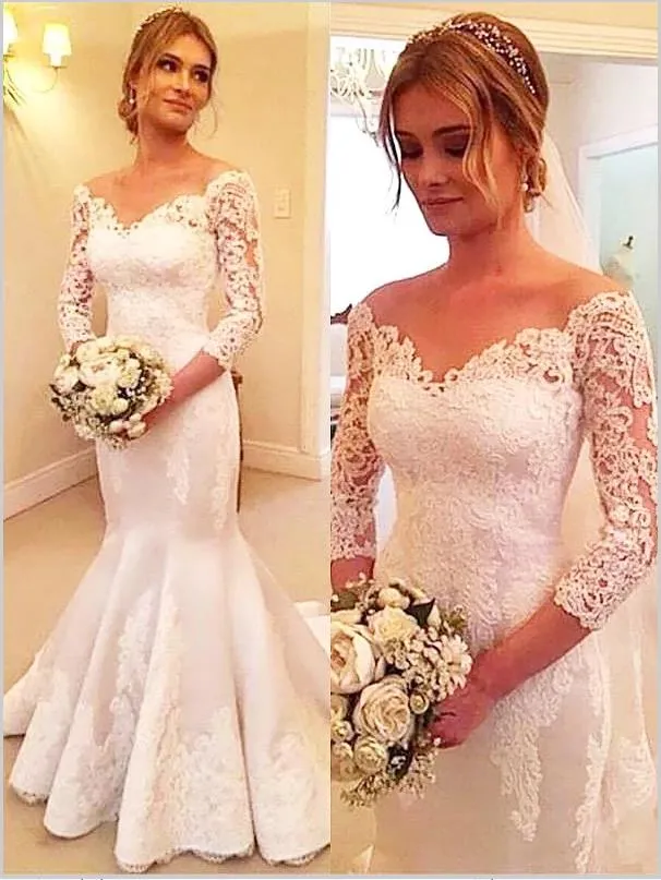 Mermaid Lace Satin Off Shoulder Wedding Dresses,3/4 Sleeves Court Train Wedding Dresses