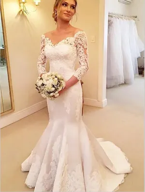 Mermaid Lace Satin Off Shoulder Wedding Dresses,3/4 Sleeves Court Train Wedding Dresses
