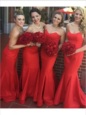 Mermaid Sweetheart Strapless Bridesmaid Dresses,Brush Train Satin Bridesmaid Dresses