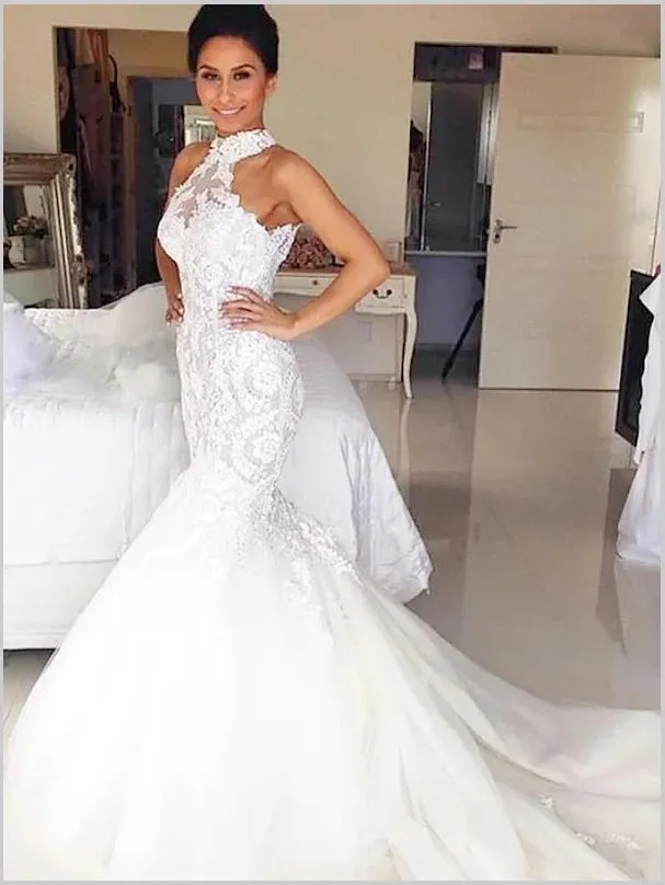 Mermaid Tulle Halter Sleeveless Wedding Dresses Court Train Dress