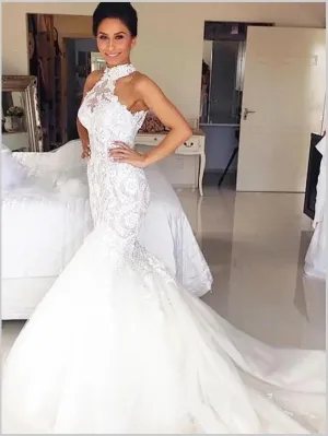 Mermaid Tulle Halter Sleeveless Wedding Dresses Court Train Dress