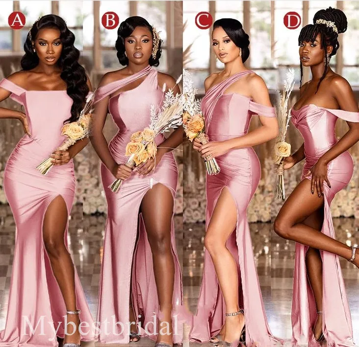Mismatched One Shoulder Side Slit Sleeveless Mermaid Bridesmaid  Dressess, BDS0384