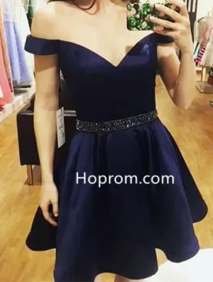 Off Shoulder Beadings Homehoming Dress, Navy Blue Homehoming Dress