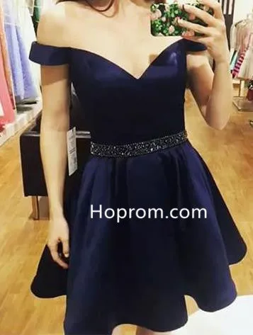 Off Shoulder Beadings Homehoming Dress, Navy Blue Homehoming Dress