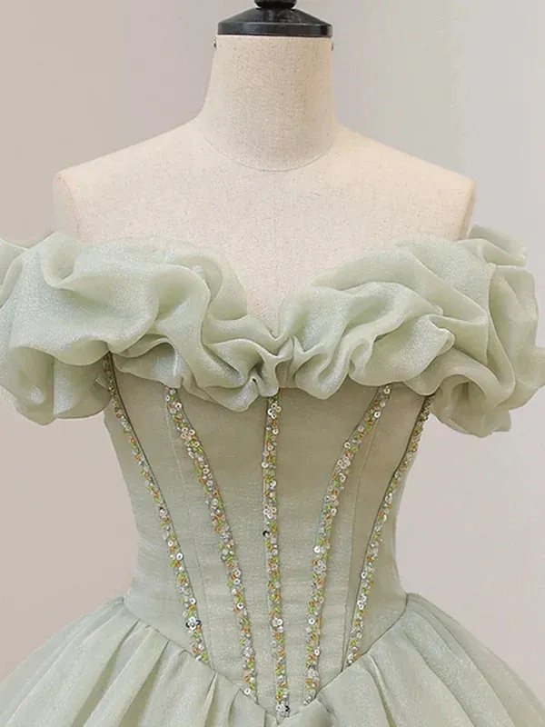 Off The Shoulder Green Prom Dress, Princess Quinceanera Dresses With Sequin APP0848