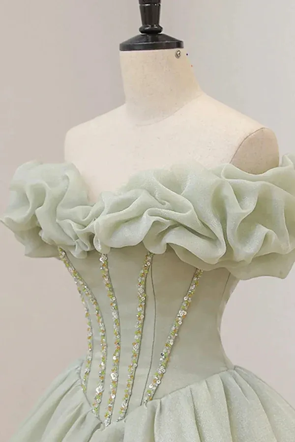 Off The Shoulder Green Prom Dress, Princess Quinceanera Dresses With Sequin APP0848