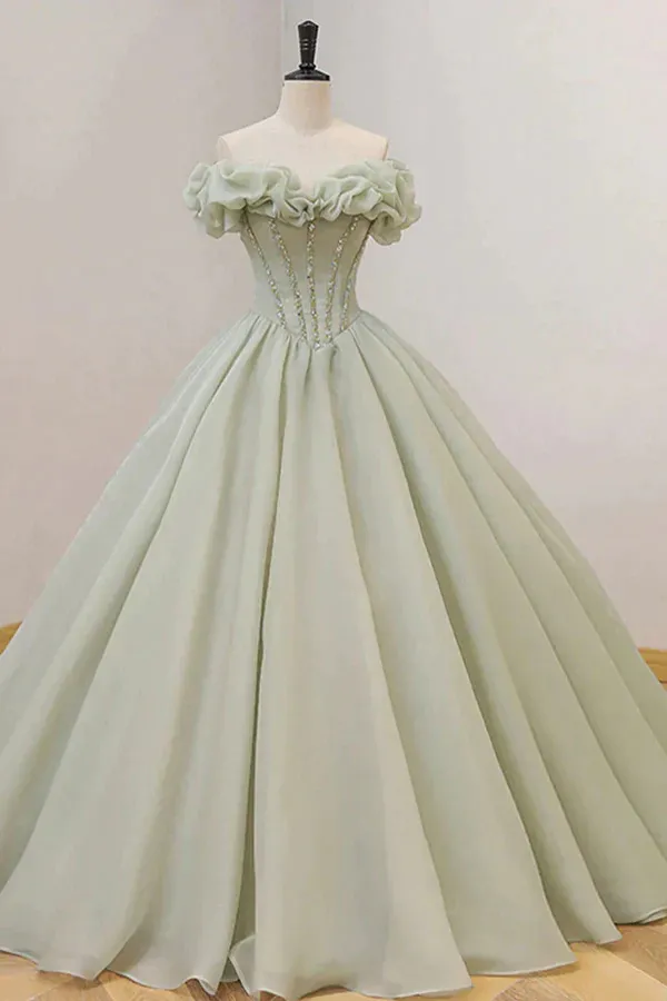 Off The Shoulder Green Prom Dress, Princess Quinceanera Dresses With Sequin APP0848