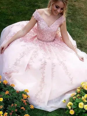 Off The Shoulder Pink Lace Appliques Prom Dresses With Beadings Tulle V Neck Evening Dress Online