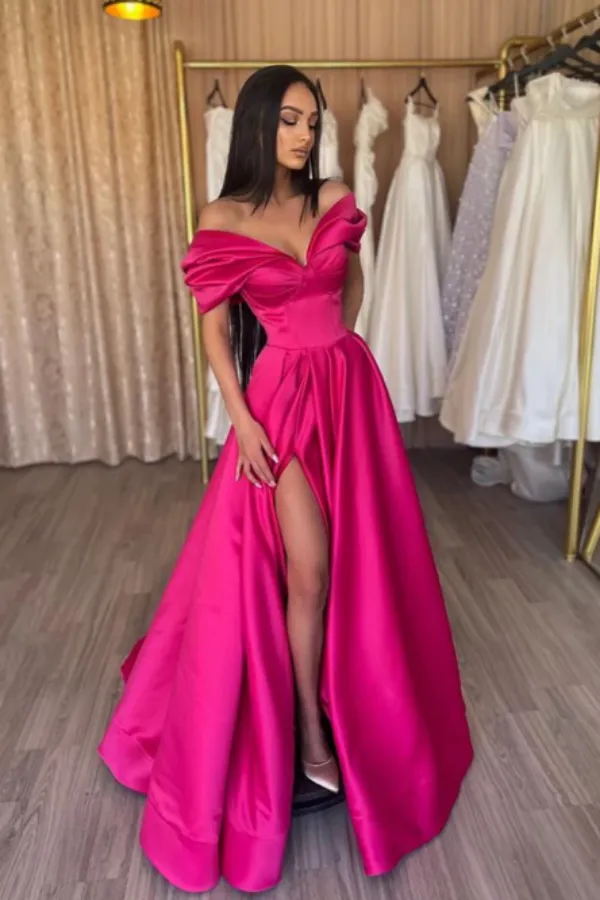 Off the Shoulder Pink Long Satin Prom Dresses APP0737