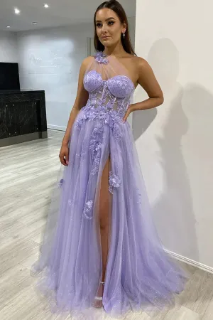One Shoulder Purple Blue Lace Split Prom Dresses Evening Dresses APP0774