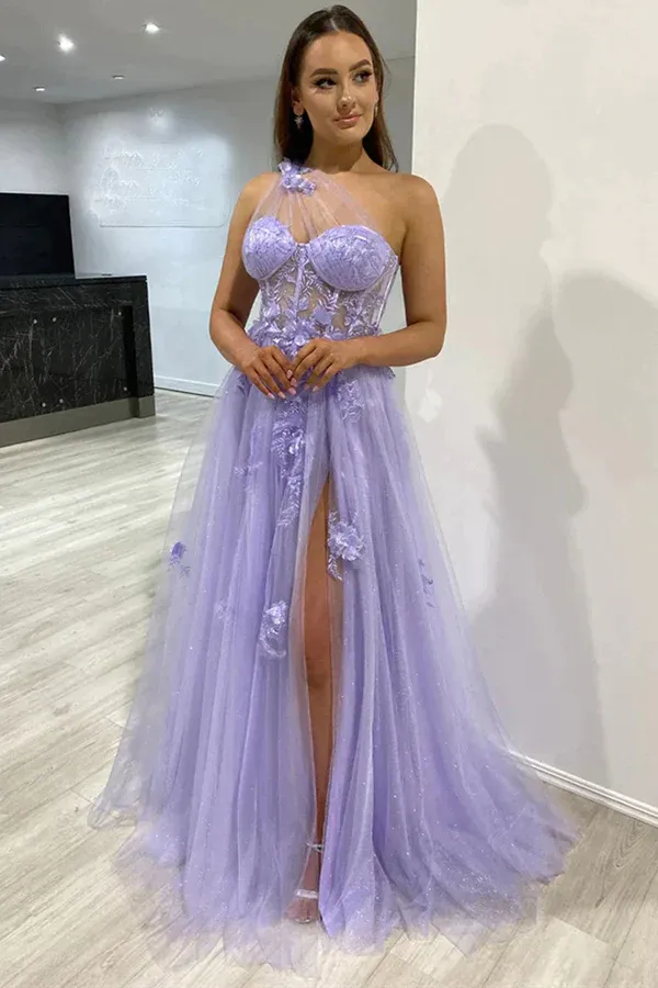 One Shoulder Purple Blue Lace Split Prom Dresses Evening Dresses APP0774