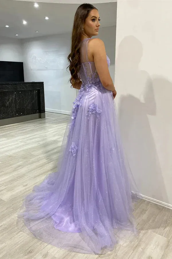 One Shoulder Purple Blue Lace Split Prom Dresses Evening Dresses APP0774