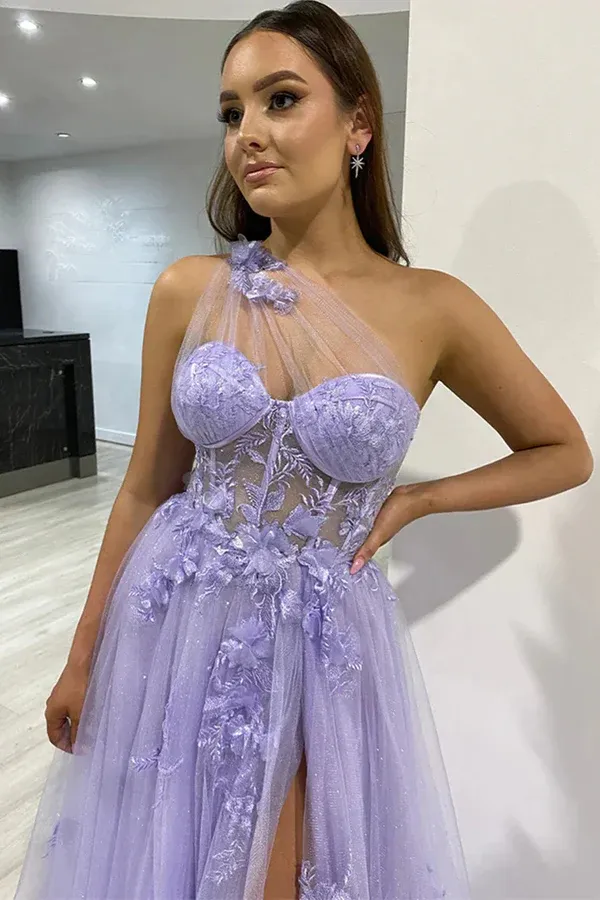One Shoulder Purple Blue Lace Split Prom Dresses Evening Dresses APP0774