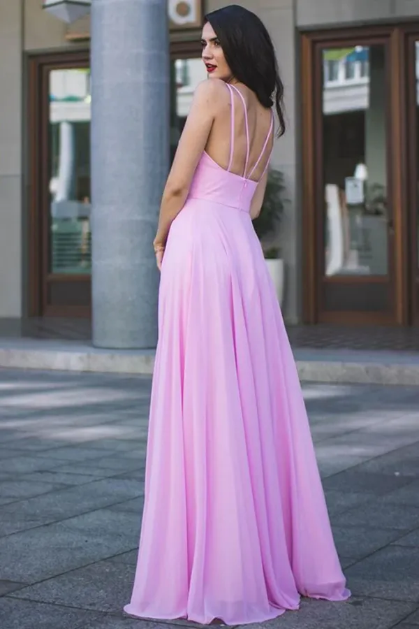 Open Back V Neck Pink Long Prom Dress with High Slit, Long Pink Pink Bridesmaid Dress APP0759