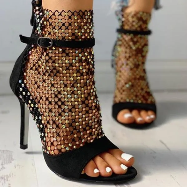 Openwork Toe Rhinestone Mesh Heels
