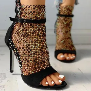 Openwork Toe Rhinestone Mesh Heels