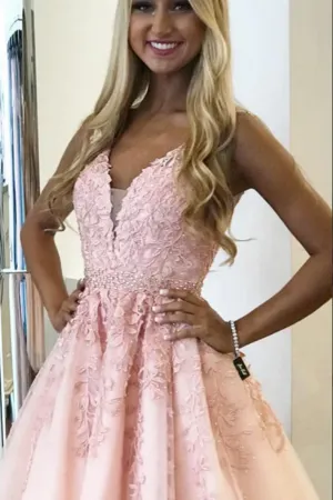 Pink A Line V Neck Above Knee Length Beaded Homecoming Dress with Appliques APP0744