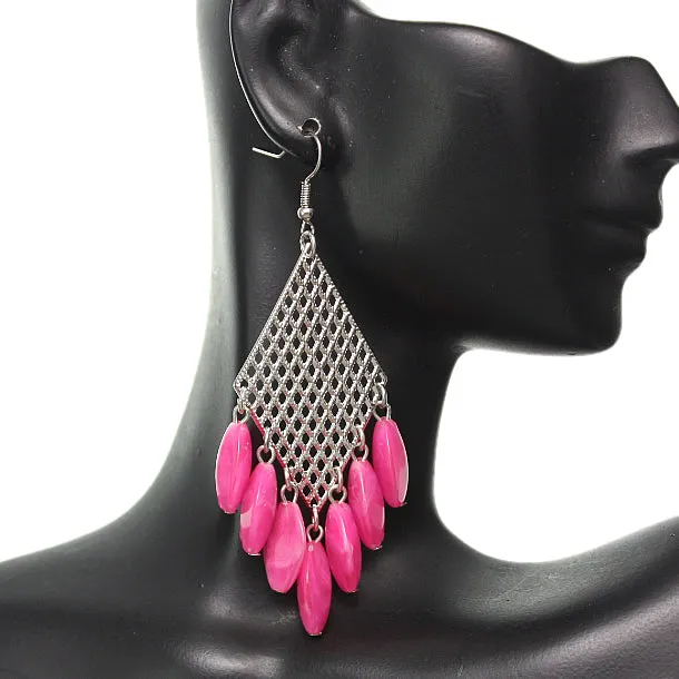 Pink Beaded Filigree Caged Dangle Earrings