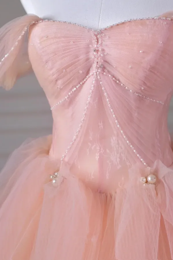 Pink Beaded Tulle A Line Floor Length Party Dress, Pink Tulle Long Prom Dress APP1130