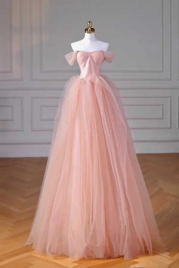 Pink Beaded Tulle A Line Floor Length Party Dress, Pink Tulle Long Prom Dress APP1130
