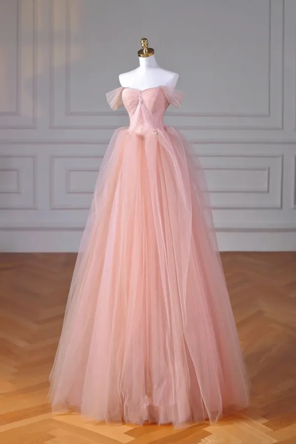 Pink Beaded Tulle A Line Floor Length Party Dress, Pink Tulle Long Prom Dress APP1130