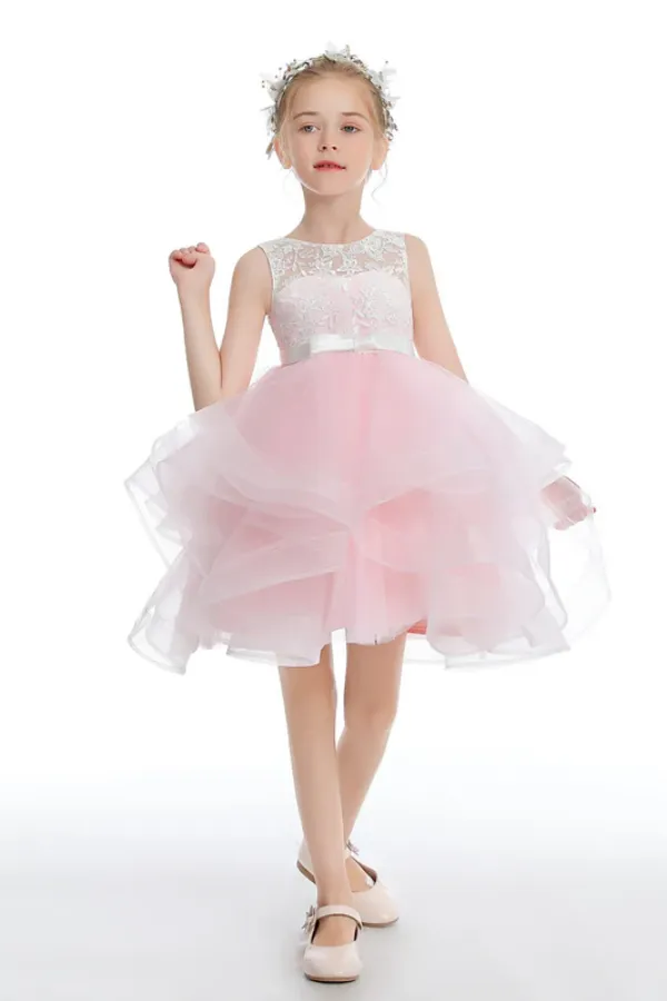 Pink Layered V Back Tulle Flower Girl Dresses APF0031