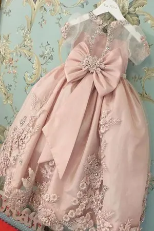 Pink Princess Pageant Gowns Scoop Neck Short Sleeves Flower Girl Dresses,Baby Dresses APF0008