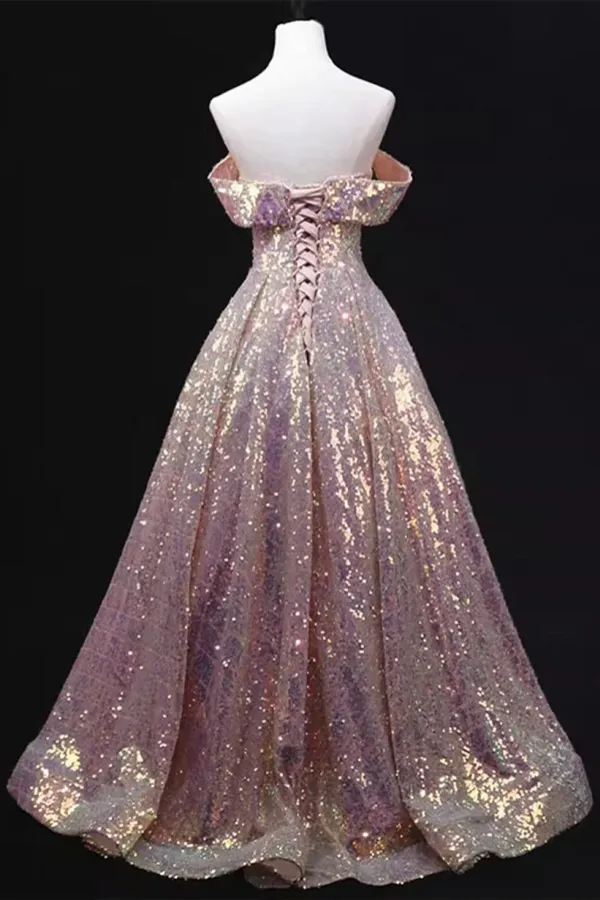 Pink Sequins Off Shoulder A line Long Prom Dress, Sequins Evening Dress APP0881