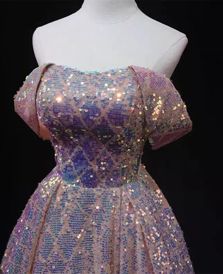 Pink Sequins Off Shoulder A line Long Prom Dress, Sequins Evening Dress APP0881