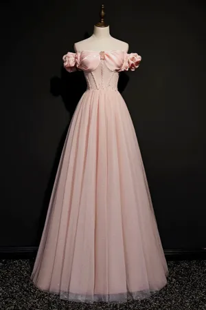 Pink Tulle Beaded Long A Line Prom Dress, Pink Off the Shoulder Evening Dress APP0792