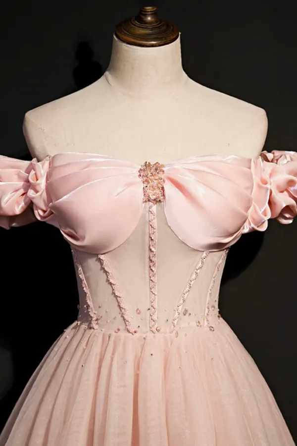 Pink Tulle Beaded Long A Line Prom Dress, Pink Off the Shoulder Evening Dress APP0792
