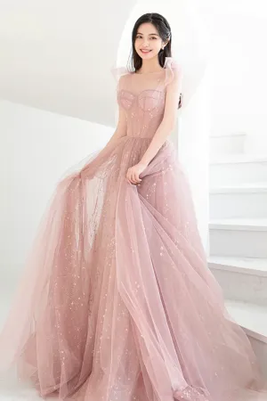 Pink Tulle Long A Line Prom Dresses, Pink Evening Dresses APP0955