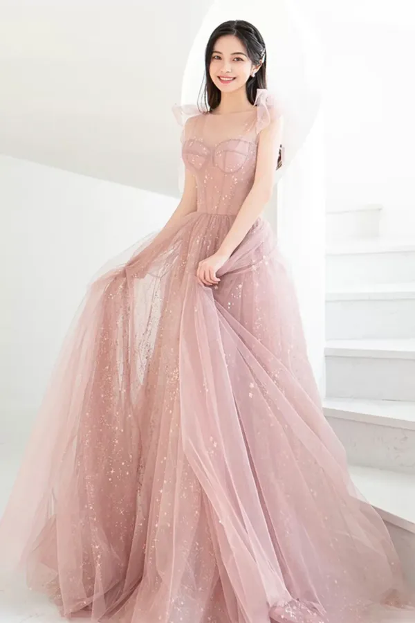 Pink Tulle Long A Line Prom Dresses, Pink Evening Dresses APP0955