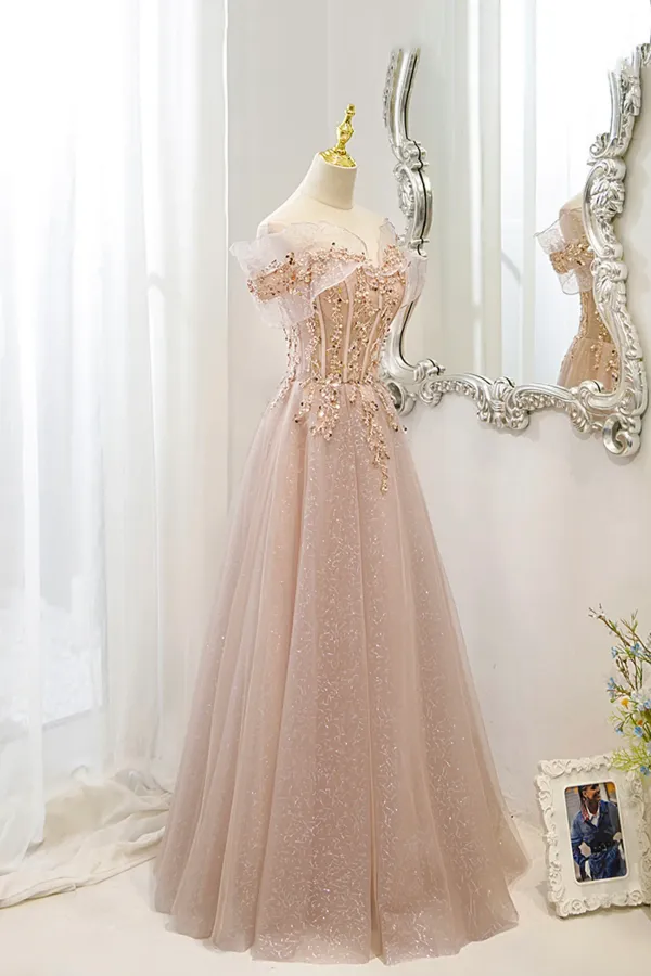 Pink Tulle Sequins Long Prom Dresses, A Line Off the Shoulder Evening Dresses APP0855