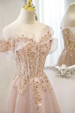 Pink Tulle Sequins Long Prom Dresses, A Line Off the Shoulder Evening Dresses APP0855