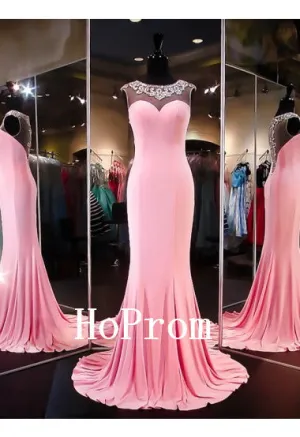 Pinl Lace Prom Dresses,Satin Mermaid Prom Dress,Evening Dress